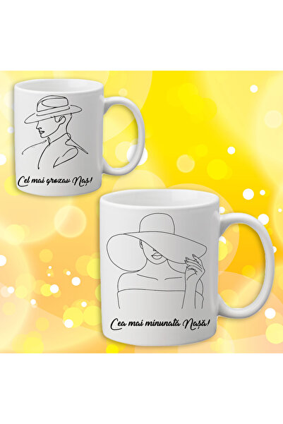 Eom Set of 2 Ceramic Mugs Godfather Gift, Minimalist Line Art Design with Hat...