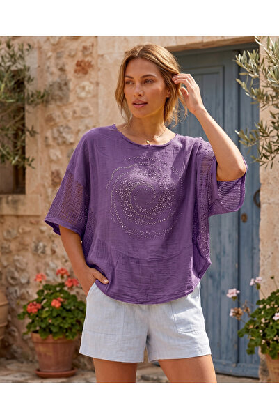 Butik Şans Women's Mesh Detailed Stone Printed Poncho Model Oversize Cotton B...