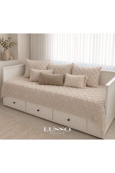 lusso stile Siena Lüx Saçaklı Divan Örtüsü Cappuccino 130x210 ve 1 adet Kırle...