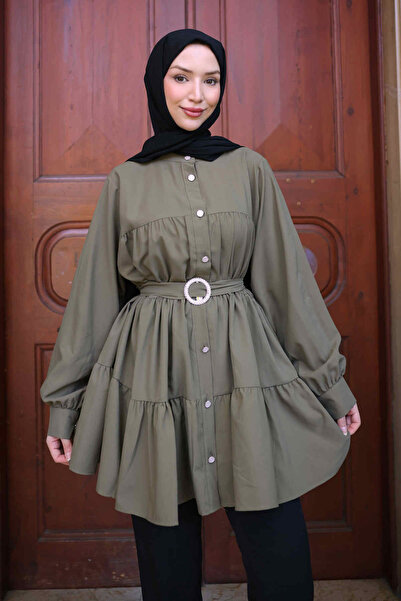 İmajButik Khaki Layered Buttoned Belted Tunic
