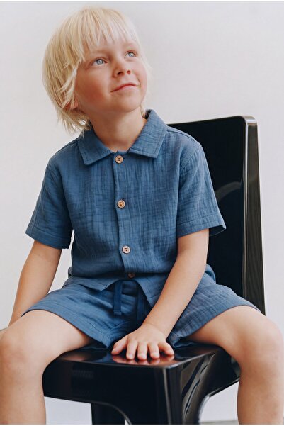 Magu Boy's Cotton Blue Muslin Shirt Shorts Set