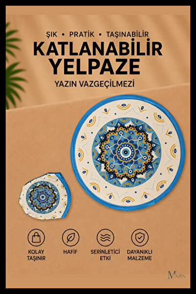 MAZEN Nazar Mandala Desen Katlanabilir Yuvarlak Yazlık Taşınabilir El Yelpazesi