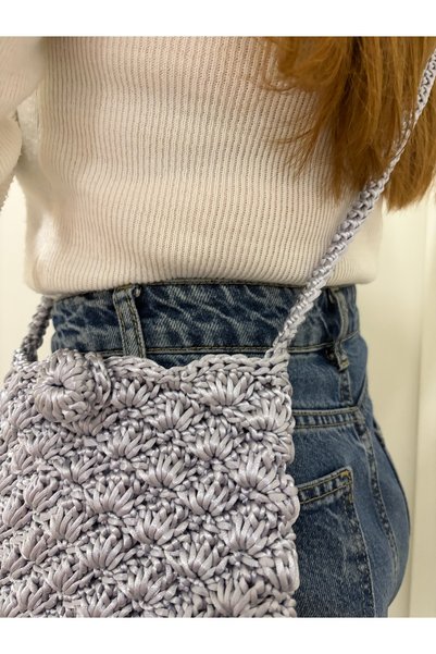 Passionis Jewelry Silver Color Satin Cord Hand-Knitted Phone Bag Multipurpose Width 21cm Length 17cm Handle 140cm Both Stylish and Sporty Bag