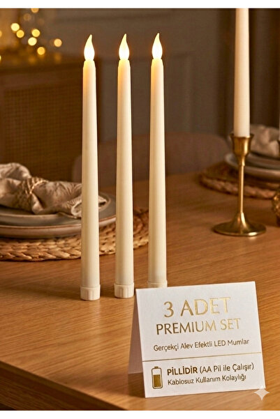 BRE HOME 3’lü Premium LED Mum Seti Gerçekçi Alev Efektli Titreyen Pilli Şamda...