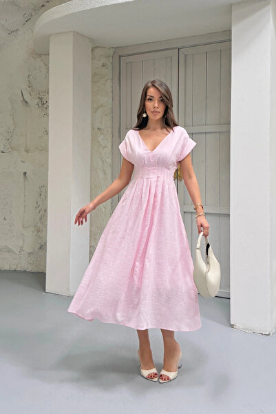 URİS Women's Pink V-Neck Waist-Slit Slim-Fit Lined Midi Length Summer Dress