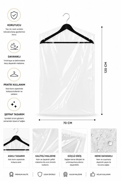 MSE HOLD Kıyafet Koruma Poşeti 70x120 cm 10 Adet Şeffaf Elbise Poşeti | Kuru Temizleme, Yorgan, Battaniye ve Takım Elbise Saklama Poşeti