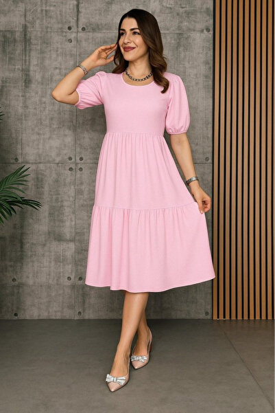 kendim fashion Women's Short Sleeve Open Collar Folded Twist Balloon Dress
