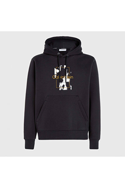 Calvin Klein Erkek Pamuklu Logolu Regular Fit Kapüşonlu Siyah Sweatshirt