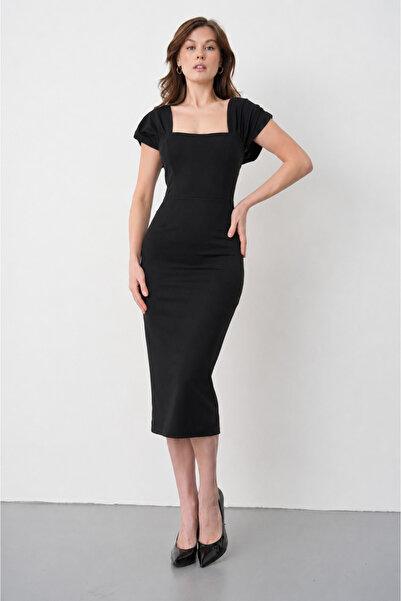 bayansepeti Rochie creion midi neagră de damă, din țesătură crep, cu guler pă...