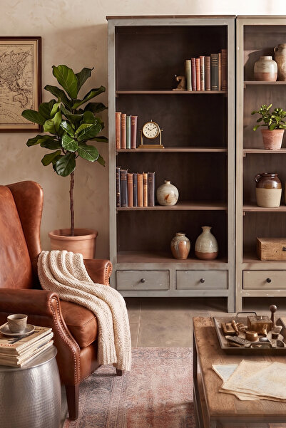 AdnDesing Vintage Ahşap Kitaplık Salon Ofis Dolabı Eskitme Mavi Masif Kitaplı...