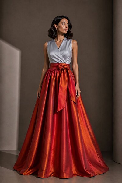 UNTIMELY Gray & Saffron Color-Block Detailed, Double-Breasted Taffeta Maxi Dress