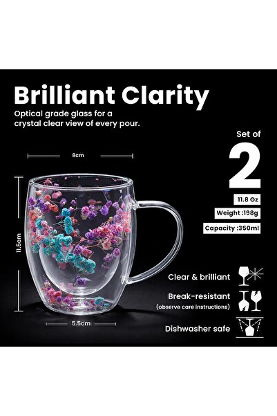 3Diamonds Double Walled Coffee Cups 350ml - Set of 2, Borosilicate Glass Mugs with Real Dry Flowers, Insulated Tea and Coffee Cups, Gift Set for Holiday and Valentine's Day (Multi-2)