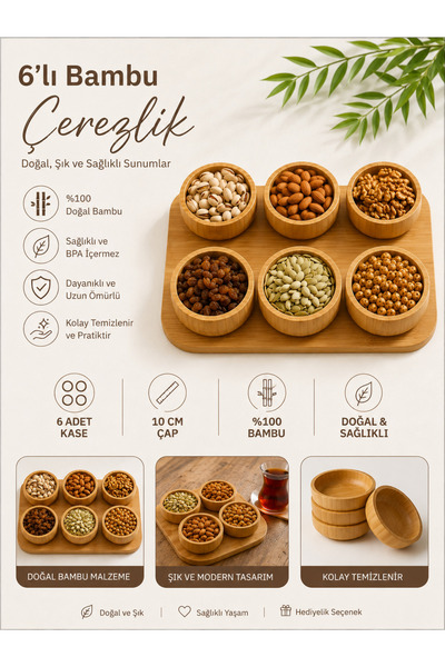 EG75 Bambu 6'lı Çerezlik & Kuruyemiş Sunum Seti(10Cm.)Yuvarlak – Doğal Ahşap ...