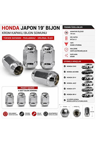 Honda Japon 19’luk Bijon Somunu Krom Kapaklı Set M12x1.5 Civic Accord CR-V Jazz