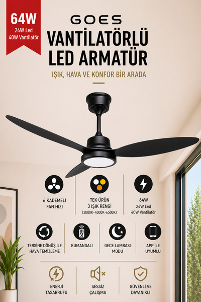Goes Büyük Boy Tavan Vantilatörü LED Avize 132CM 65 Watt 6 Kademeli Kumandalı...