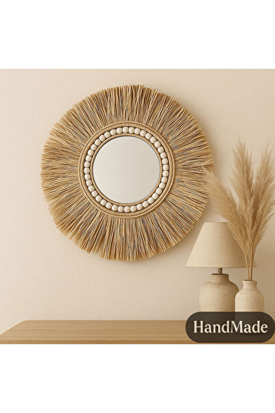 Callena Decorative vintage mirror, round, sunburst, boho, raffia, wood, beige...
