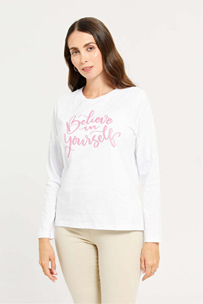 REDTAG Women White Printed Long Sleeves T-shirt