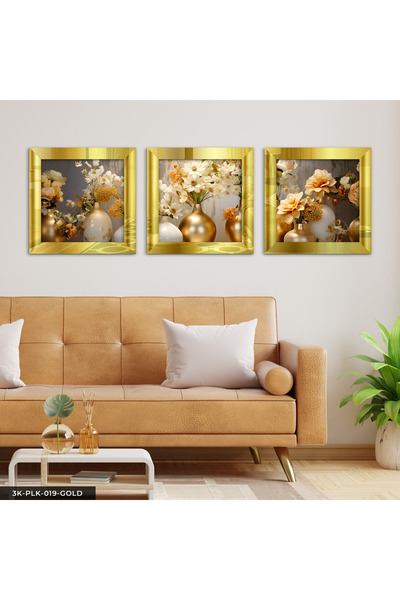 Evinemoda Gold Vase Flowers 3 Piece Silver Plexi Mirrored Framed Painting