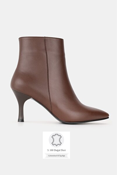 TUNAELLİ Women's Brown Genuine Natural Leather Thin Heel Pointed Toe Boots & ...