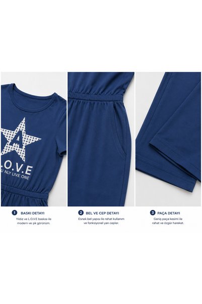 Yalçınoğlu Kids Girl's Comfortable Cut Jumpsuit Navy Blue 6-16 Years Old I Daily Summer Jumpsuit I Girl's L.O.V.E Printed I Girl's Set (Buy One Size up)