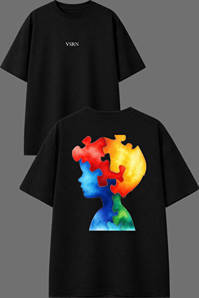 VSRN Puzzle Design for Kids Front and Back Printed Black Oversize T-Shirt