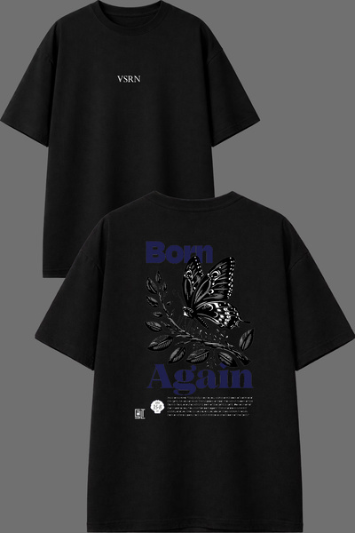 VSRN Tricou oversize negru cu imprimeu Born Again Design, față și spate