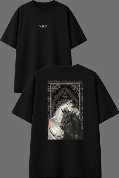 VSRN Siyah Halı At Tasarım Ön Arka Baskılı Siyah Oversize T shirt