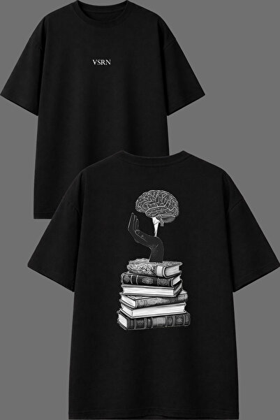 VSRN Kitap Eşittir Beyin Tasarım Ön Arka Baskılı Siyah Oversize T shirt