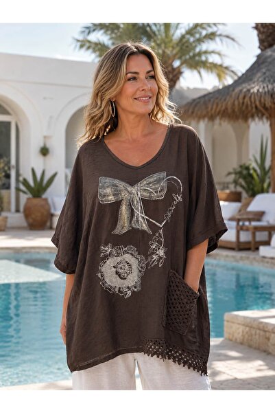 Punta Otantik Msr7091 Italian Half Sleeve Mesh Detailed Linen Blouse with Poc...