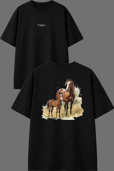 VSRN At Ailesi Tasarım Ön Arka Baskılı Siyah Oversize T shirt