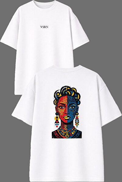 VSRN Tricou oversize alb cu imprimeu în față și în spate, cu design colorat, ...