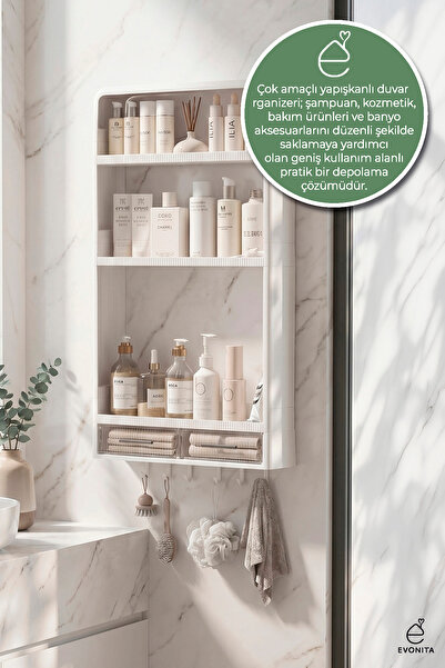 EVONİTA Yapışkanlı Duvar Rafı Organizer Banyo Mutfak Düzenleyici Şampuanlık H...