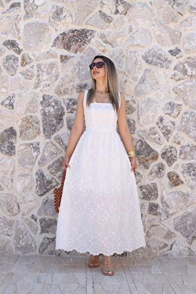 bytugcekaya White Strap Embroidered Dress