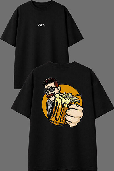 VSRN تي شيرت أسود كبير الحجم مطبوع من الأمام والخلف بتصميم Beer Friends