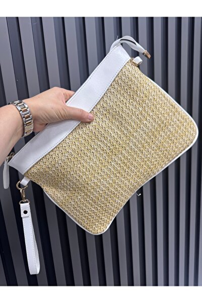 KIRASE Geantă clutch din paie pentru femei, geantă de mână și de umăr cu cure...