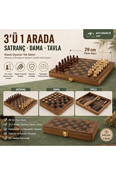 e-life shop Lüks Ahşap 3ü 1 Arada Satranç Dama Tavla Seti Katlanabilir Kilitl...