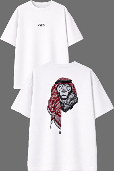 VSRN Poşulu Aslan Design Front and Back Printed White Oversize T-Shirt