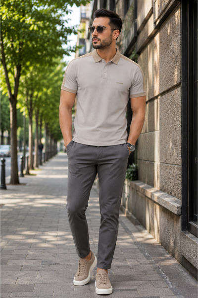 Erkek Slim Fit Omuz Garnili Polo Yaka Tişört Dar Kesim Yumuşak Dokulu Günlük Şık T-Shirt İnterlok Kumaş