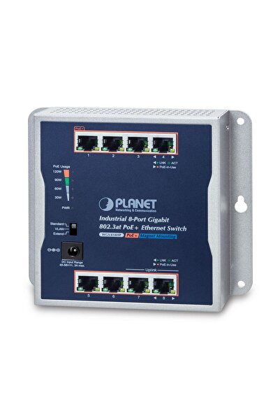 Planet IP30 Industrial 8-Port 10/100/1000T 802.3at PoE+ Wall-mount Gigabit Sw...