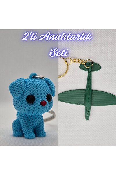 3DAtölyeMaker Light Blue Knitted Patterned Dog and Dark Green Airplane Keychain