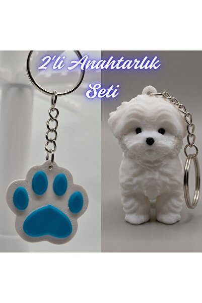3DAtölyeMaker Light Blue Cat Paw and White Maltese Terrier Keychain