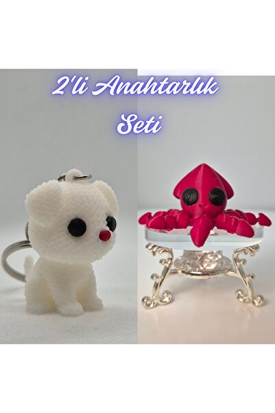 3DAtölyeMaker White Knitted Patterned Dog and Fire Engine Red Squid Keychain