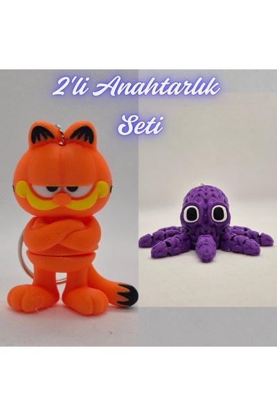 3DAtölyeMaker Blue Garfield and Purple Knitted Pattern Octopus Keychain