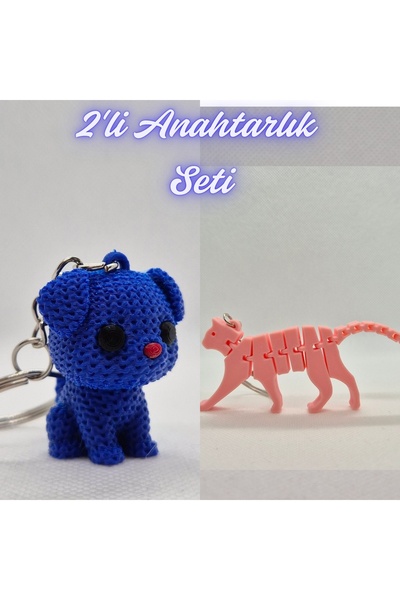 3DAtölyeMaker Blue Knitted Patterned Dog and Light Pink Flexible Cat Keychain