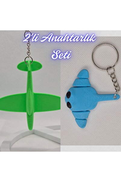 3DAtölyeMaker Green Airplane and Light Blue Flexible Stingray Keychain