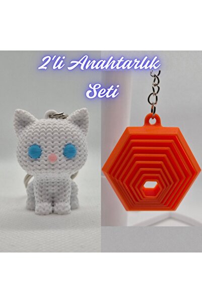 3DAtölyeMaker White Knitted Patterned Cat and Orange Moving Hexagon Keychain