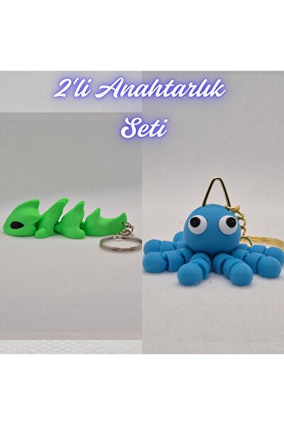 3DAtölyeMaker Green Flexible Dragon and Light Blue Confused Octopus Keychain