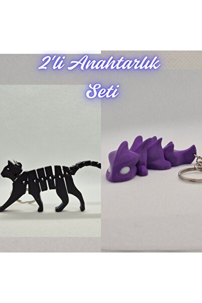 3DAtölyeMaker Black Flexible Cat and Purple Flexible Dragon Keychain