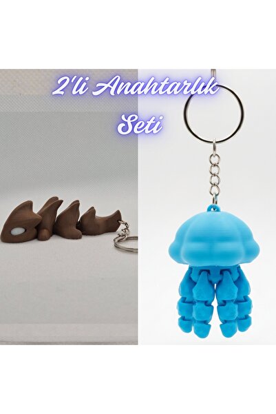 3DAtölyeMaker Dark Brown Flexible Dragon and Light Blue Moving Jellyfish Keyc...