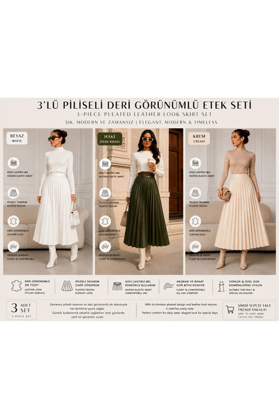 Gül Maison High Waist Pleated Leather Look Midi Skirt 3 Pieces